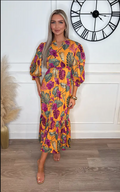 Sarah V-Neck Gathered Cuff Sleeve Frill Maxi Dress