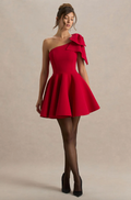 Daisy Red Asymmetric-Neck Mini Dress With Bow Detail