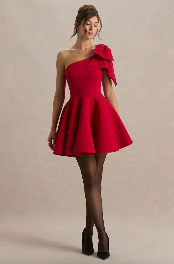 Daisy Red Asymmetric-Neck Mini Dress With Bow Detail
