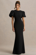 Carolina Black And White Puff-Sleeve Maxi Dress With Bow Detail