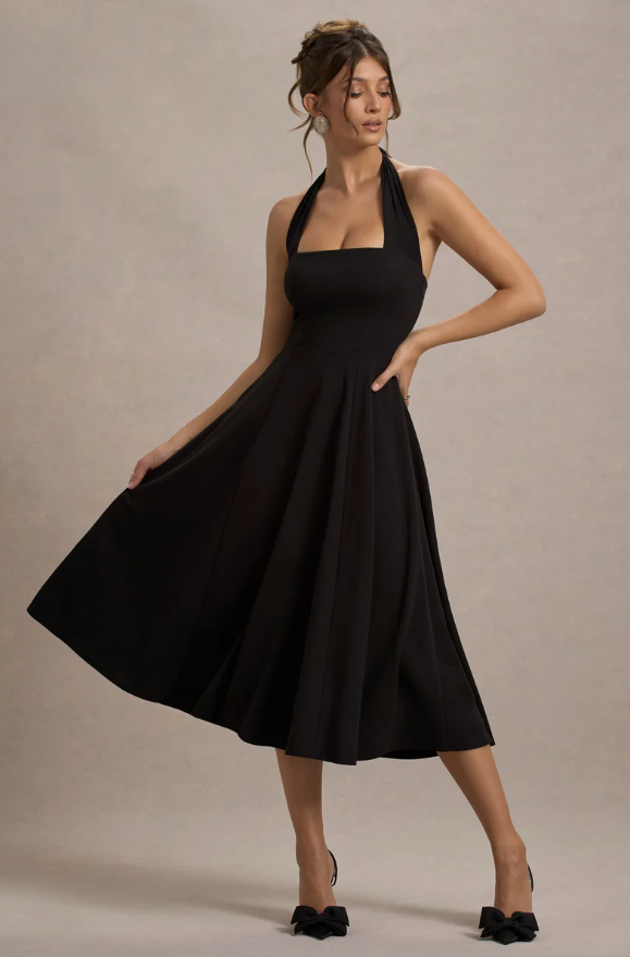 Auburn Black Halter Neck Midi Skater Dress