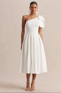Meria White Asymmertric-Neck Midi Dress With Bow Sleeve