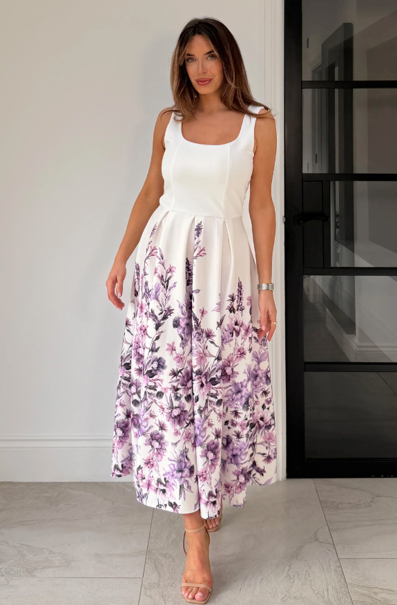Erica Sequare Neck Pleated Midi Dress Floral Print Ivory