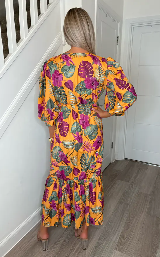 Sarah V-Neck Gathered Cuff Sleeve Frill Maxi Dress