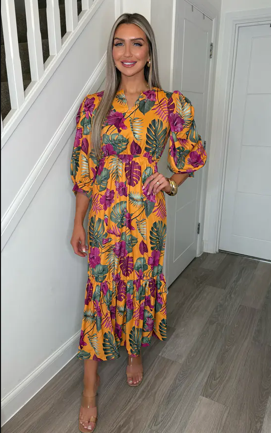 Sarah V-Neck Gathered Cuff Sleeve Frill Maxi Dress