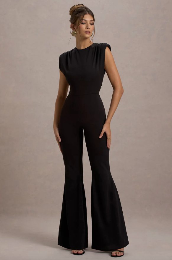 Elyna Black High Neck Flared Leg Jumpsuit