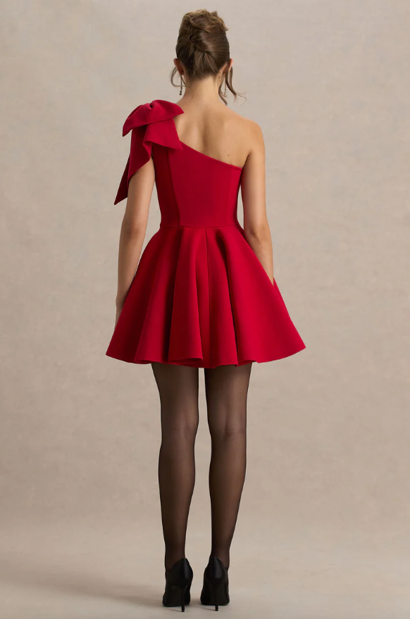Daisy Red Asymmetric-Neck Mini Dress With Bow Detail