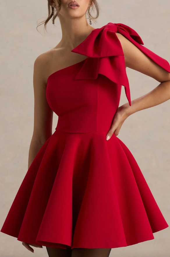 Daisy Red Asymmetric-Neck Mini Dress With Bow Detail