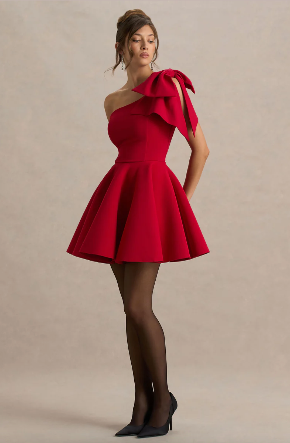 Daisy Red Asymmetric-Neck Mini Dress With Bow Detail