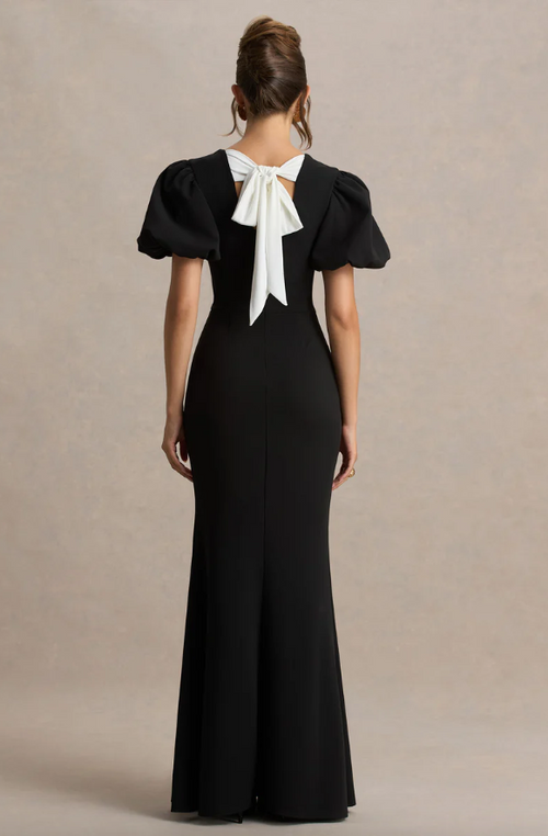 Carolina Black And White Puff-Sleeve Maxi Dress With Bow Detail