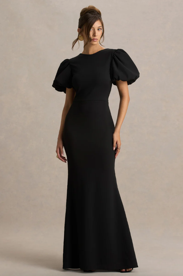 Carolina Black And White Puff-Sleeve Maxi Dress With Bow Detail