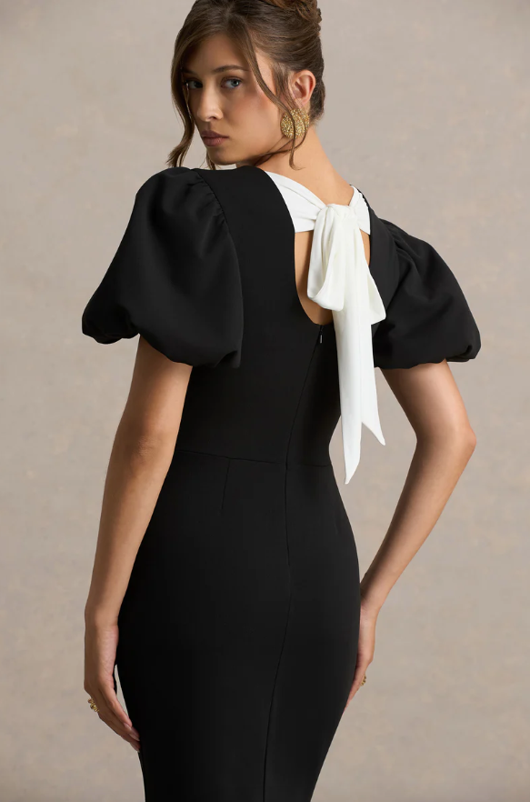 Carolina Black And White Puff-Sleeve Maxi Dress With Bow Detail