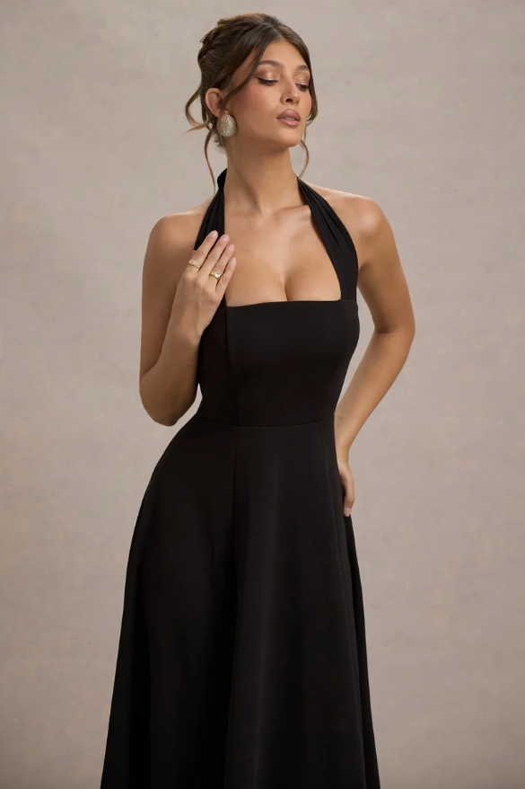 Auburn Black Halter Neck Midi Skater Dress