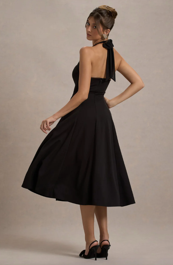 Auburn Black Halter Neck Midi Skater Dress