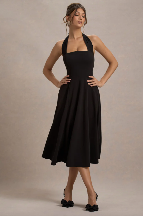 Auburn Black Halter Neck Midi Skater Dress