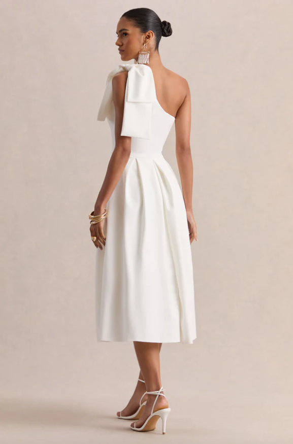 Meria White Asymmertric-Neck Midi Dress With Bow Sleeve