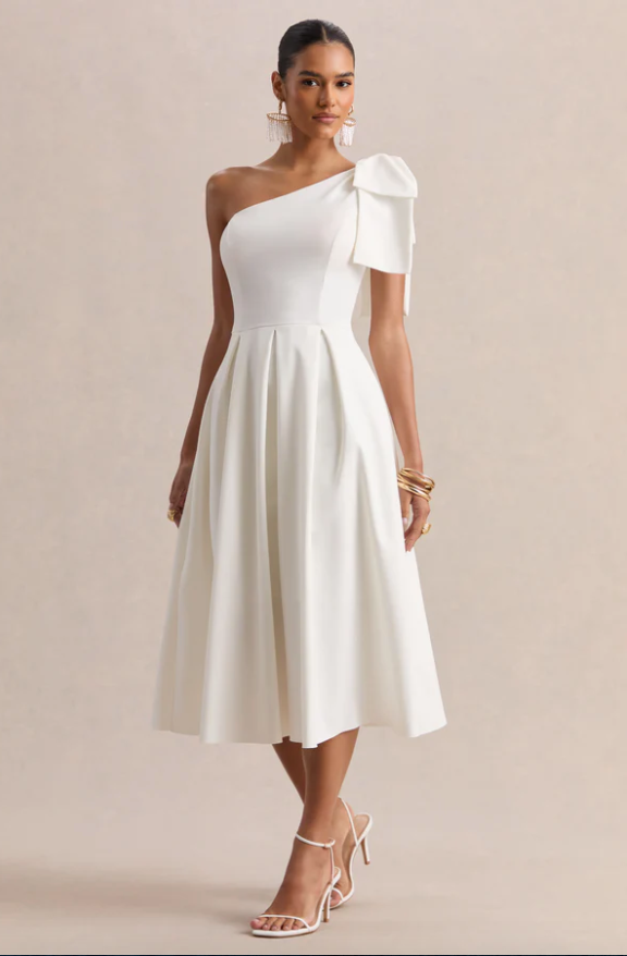 Meria White Asymmertric-Neck Midi Dress With Bow Sleeve