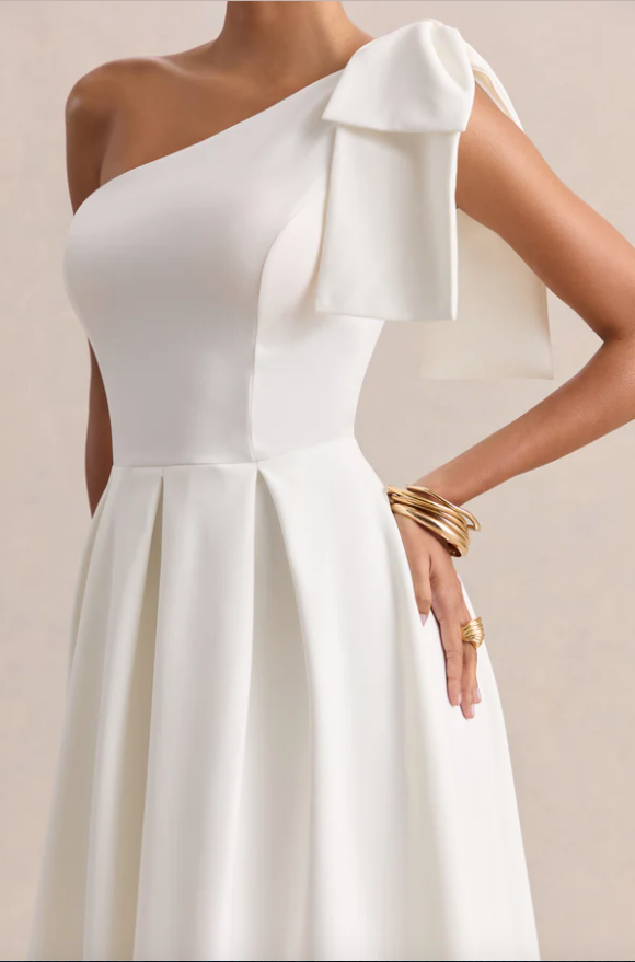 Meria White Asymmertric-Neck Midi Dress With Bow Sleeve