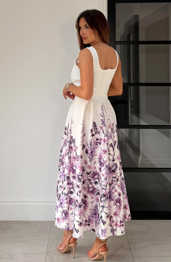 Erica Sequare Neck Pleated Midi Dress Floral Print Ivory