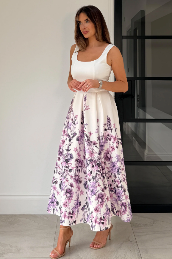 Erica Sequare Neck Pleated Midi Dress Floral Print Ivory